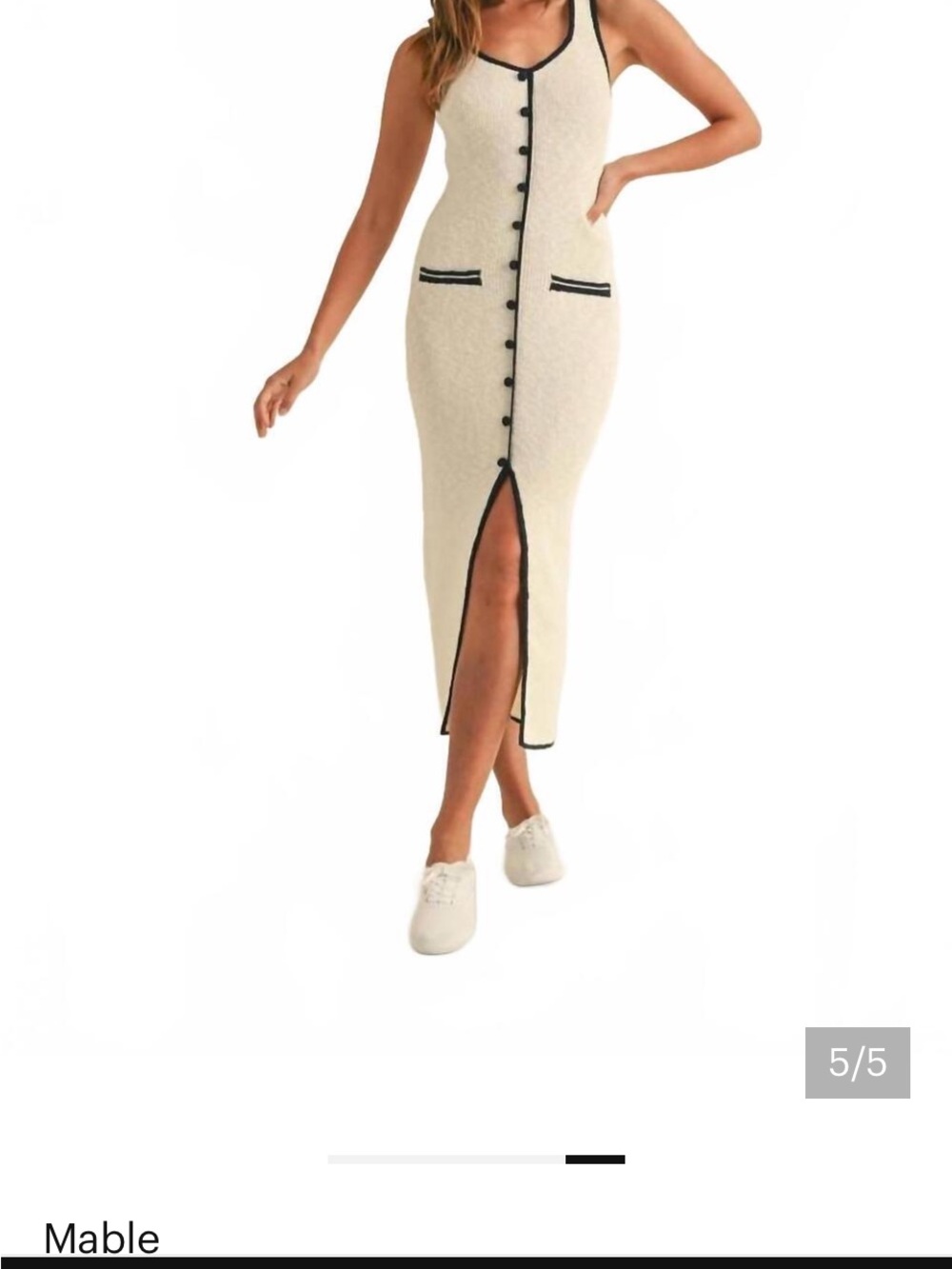 Cream Sleeveless Button-Front Midi Dress with Black Trim
